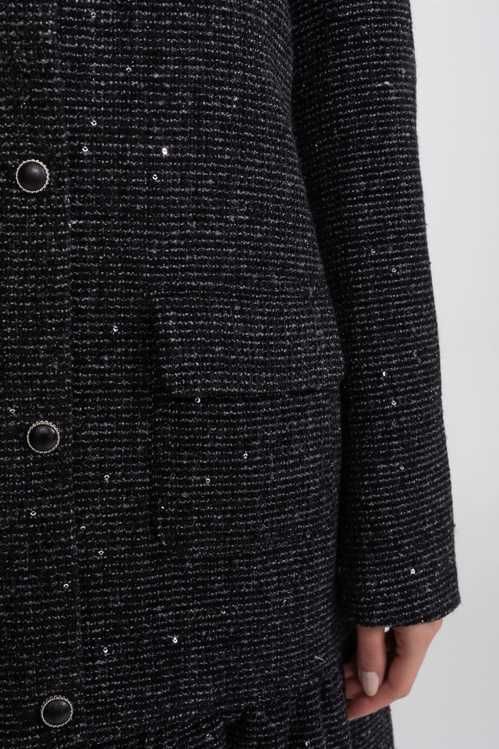 Bouclé Tweed Mini Dress With Lace-Trim Collar And Ruffle Hem - Charcoal