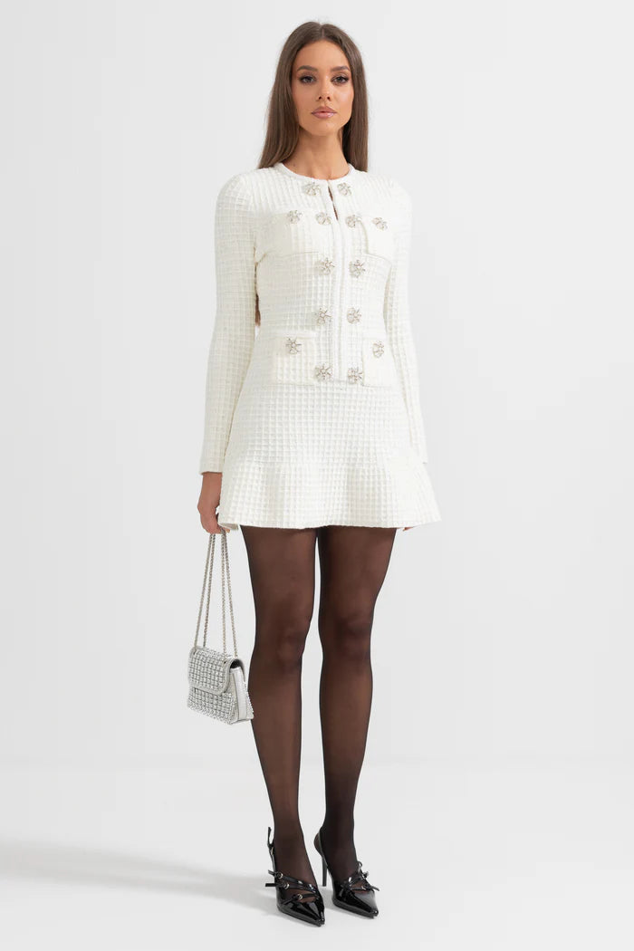 Long Sleeve Knee-Length Knitted Dress - White