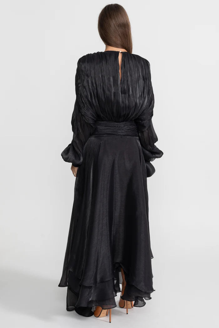 Maxi Dress with Pleated Bodice and Draped Skirt - Black
