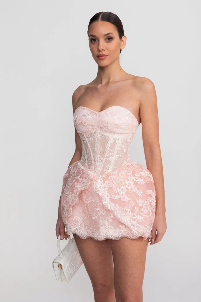 Strapless Lace Mini Dress With Corset Bodice And Bubble Hem Skirt - Blush Pink