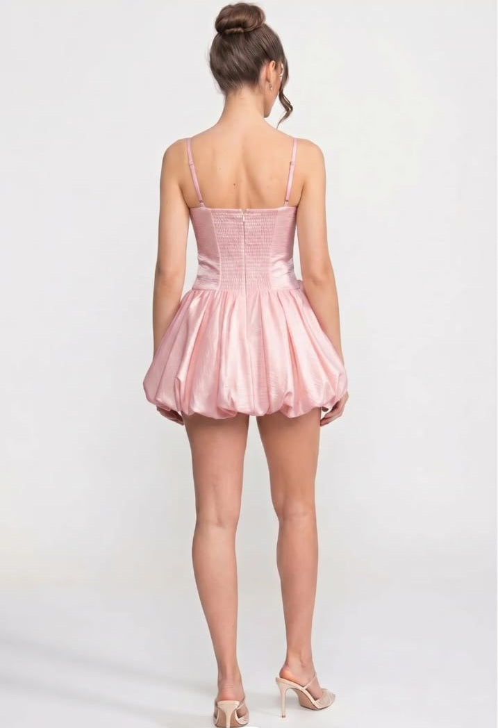 Spaghetti Strappy Velvet Mini Dress with 3D Pink Skirt - Pink