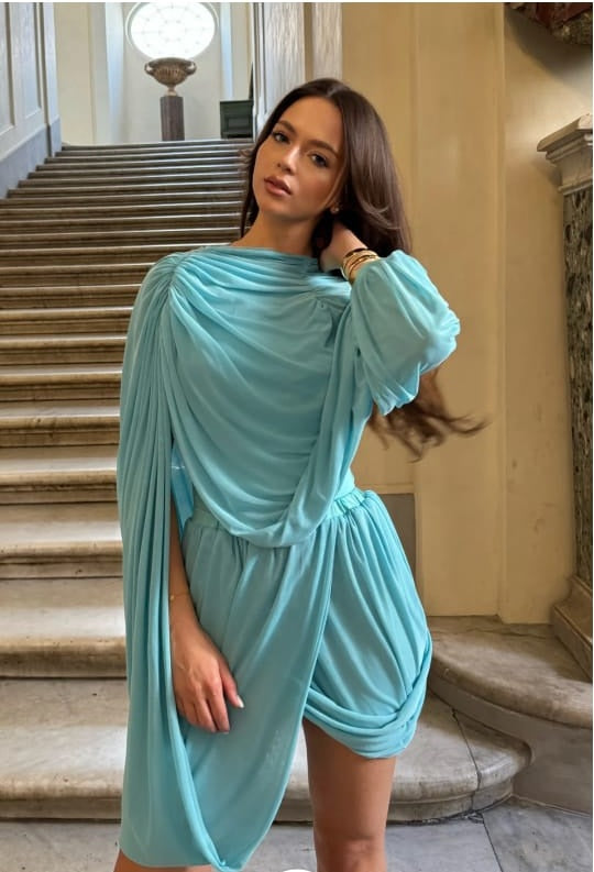 Asymmetric Pleated Mini Dress - Turquoise