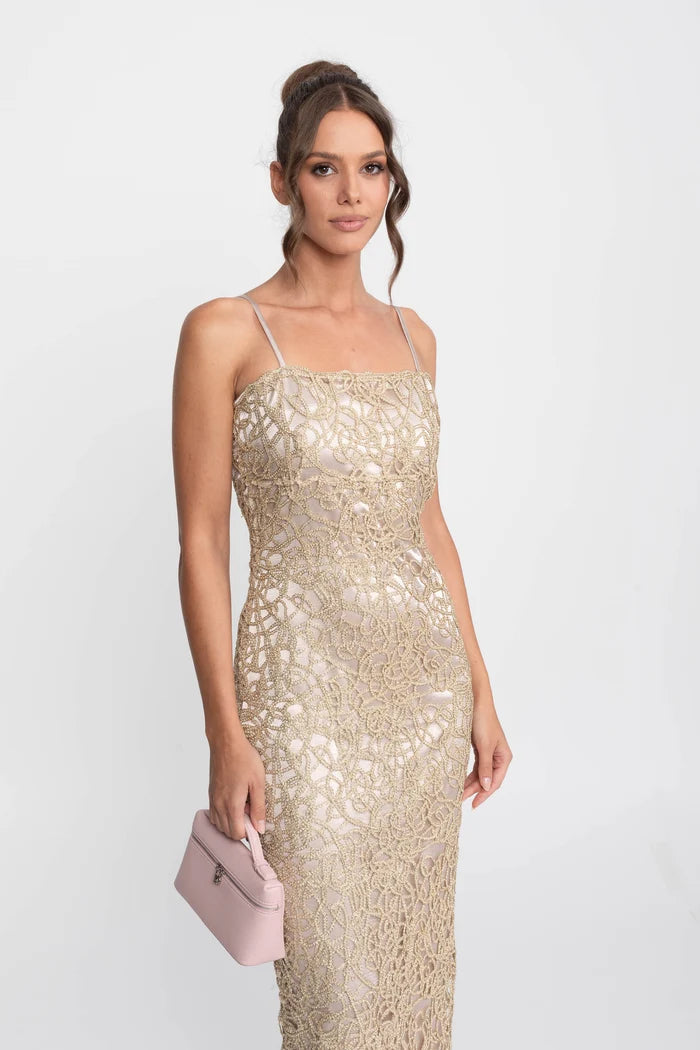 Metallic Lace Sheath Dress With Square Neck - Gold