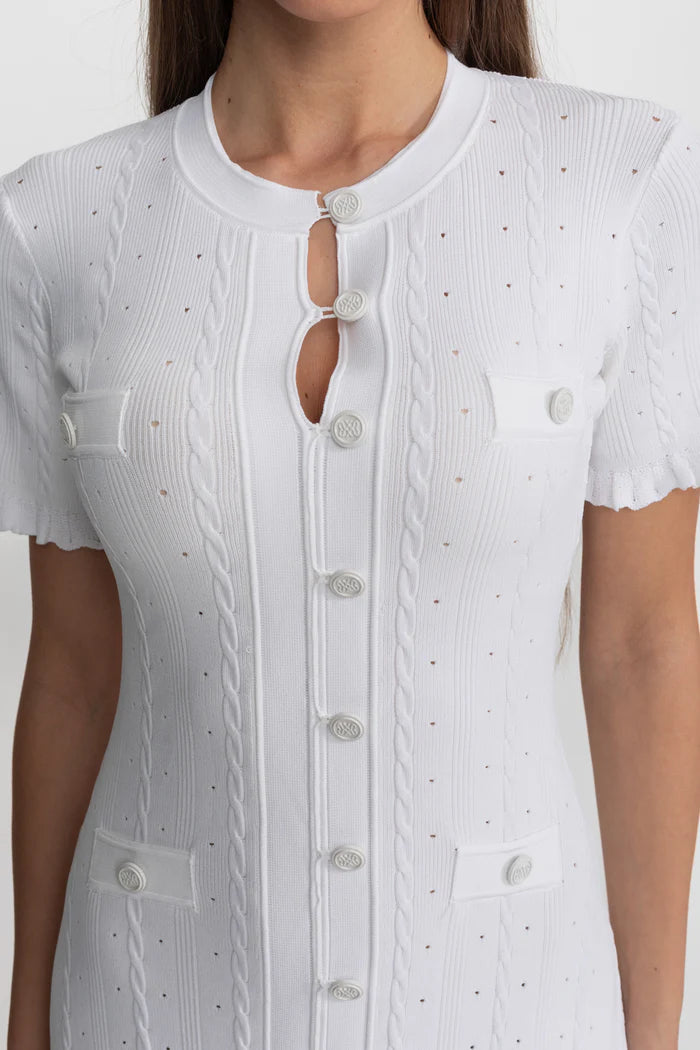 Knit bae Button-Front Midi Dress with Scalloped Sleeves – White