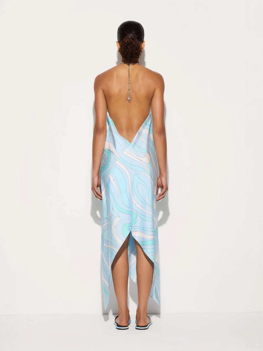 Printed Halter Neck Long Dress Irregular Dress