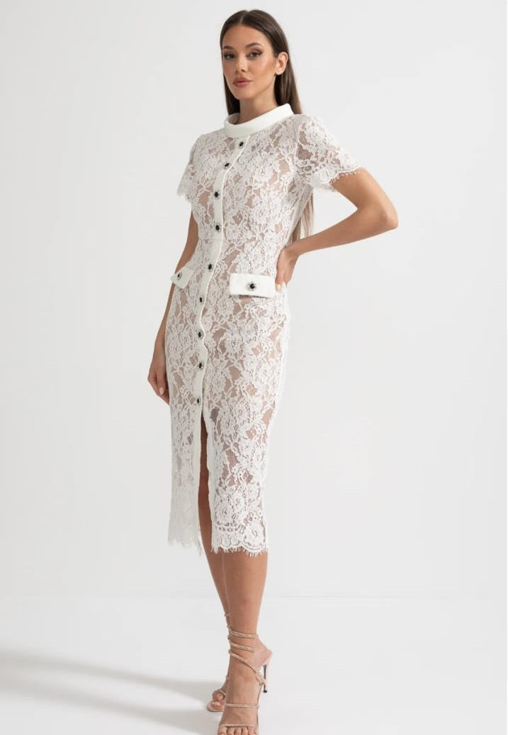 Elegant Short Sleeve Lace Dress With Matching Waist Belt - White