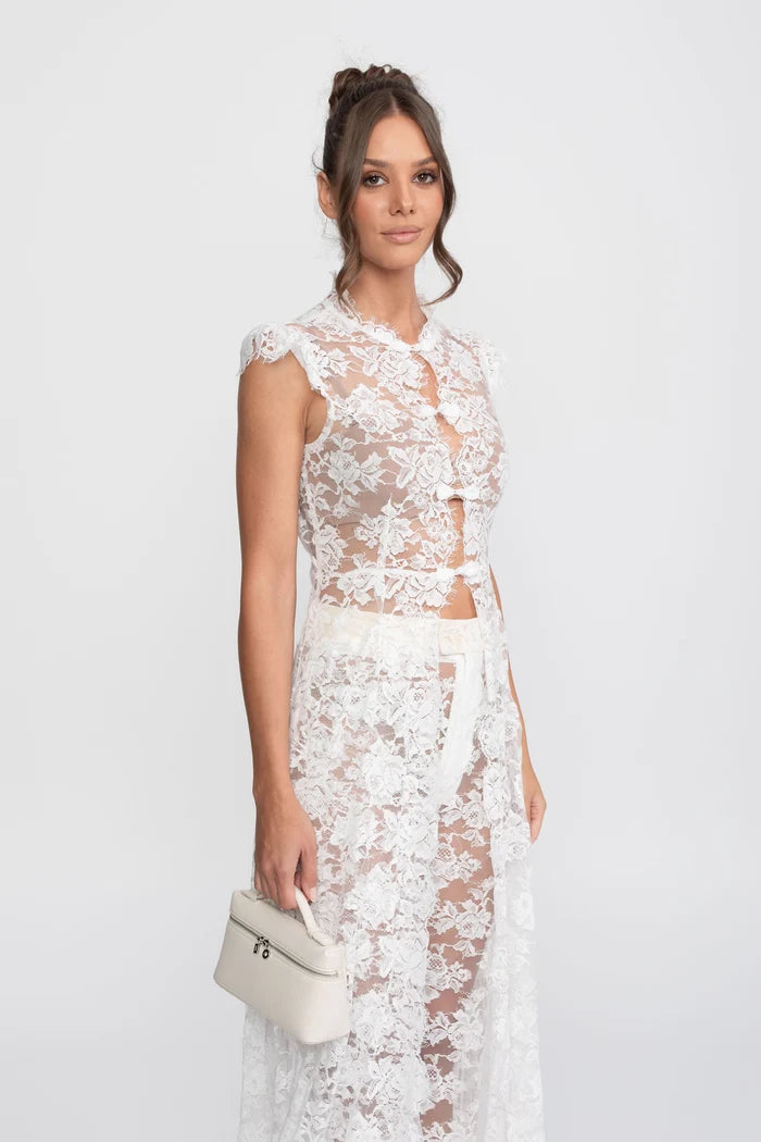 Sheer Lace Top And Palazzo Pants Set With Trailing Panel - White