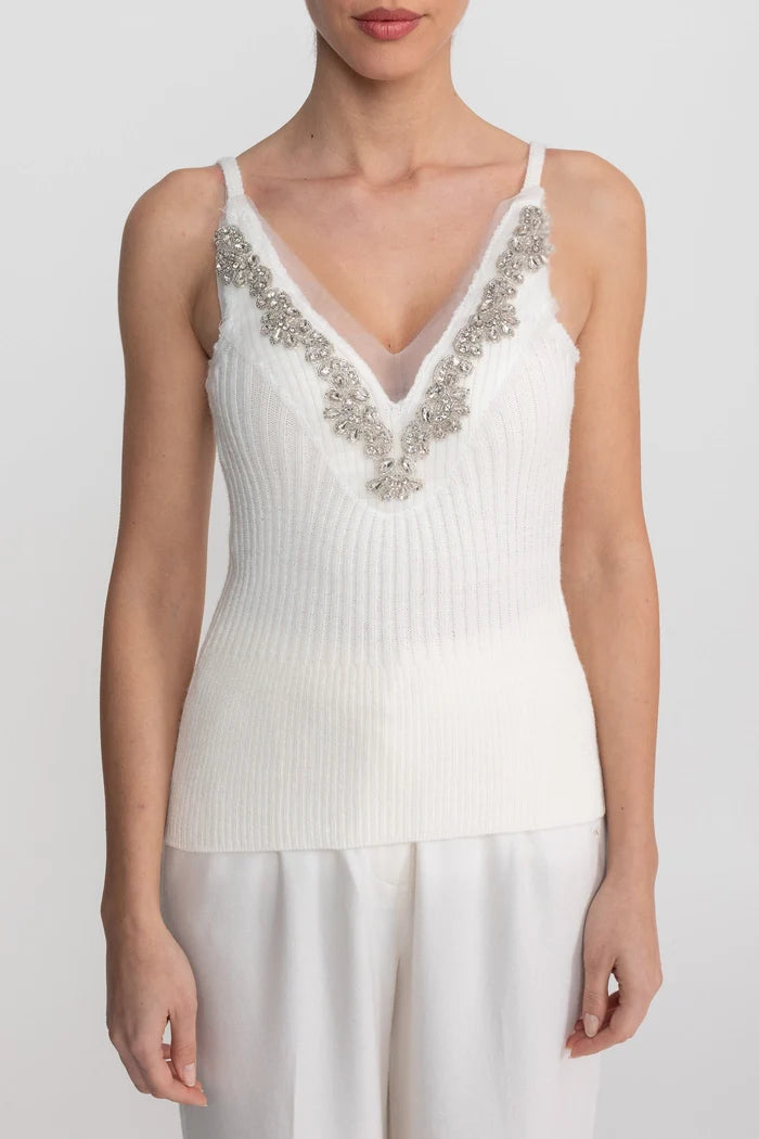 Knit Two Piece Set With Crystal Embellishments And Trim Cuffs - White