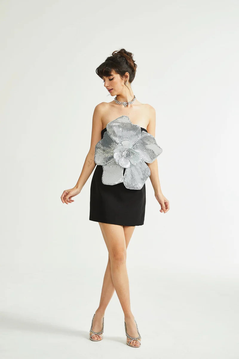 Florence Faux-Flower Mini robe en noir