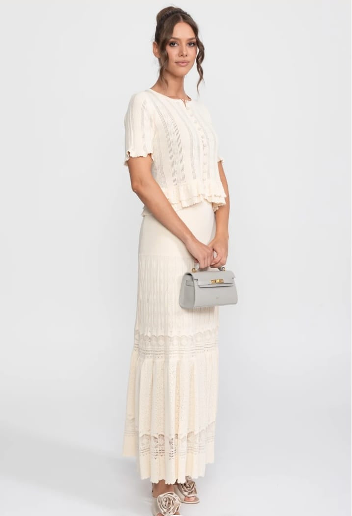 Two-Piece Knit Co-Ord Set With Ruffled Waist - Ivoire