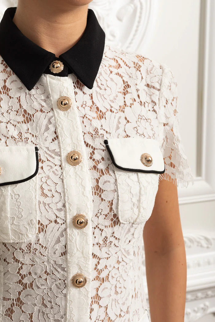 Lace Mini Dress with Contrast Black Collar and Pocket Details - White