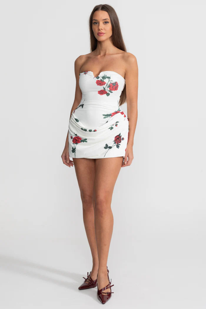 Strapless Floral Mini Dress with Draped Skirt - White