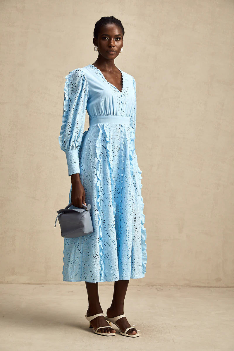 Raphaëlle blue open-work ruffled midi dress