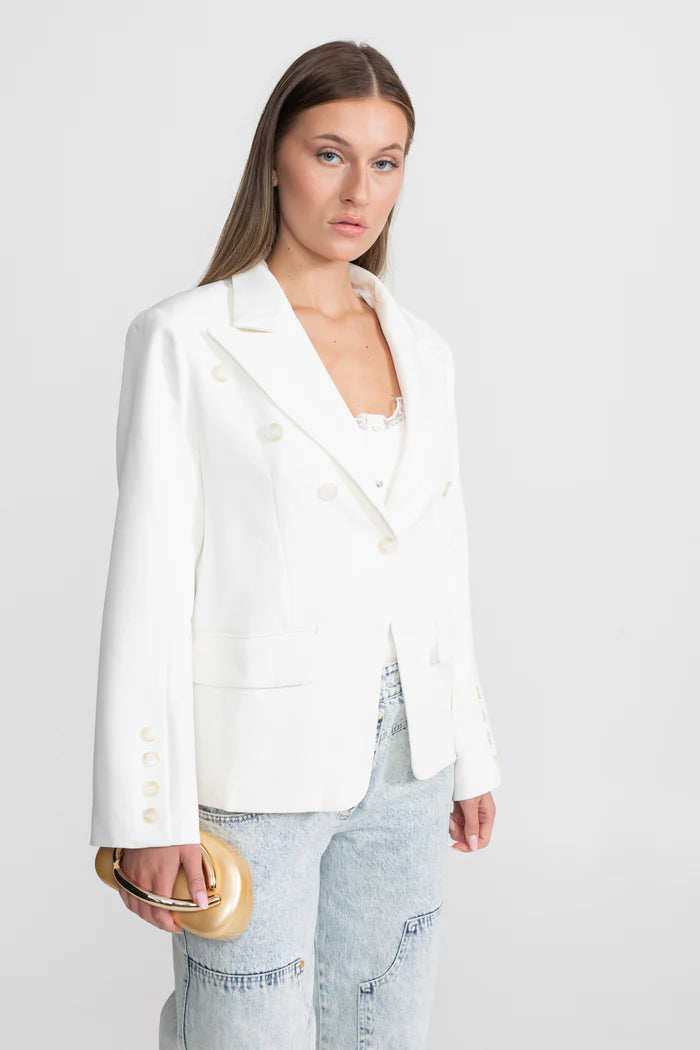 Double-Breasted Tailored Blazer With Peak Lapels – White