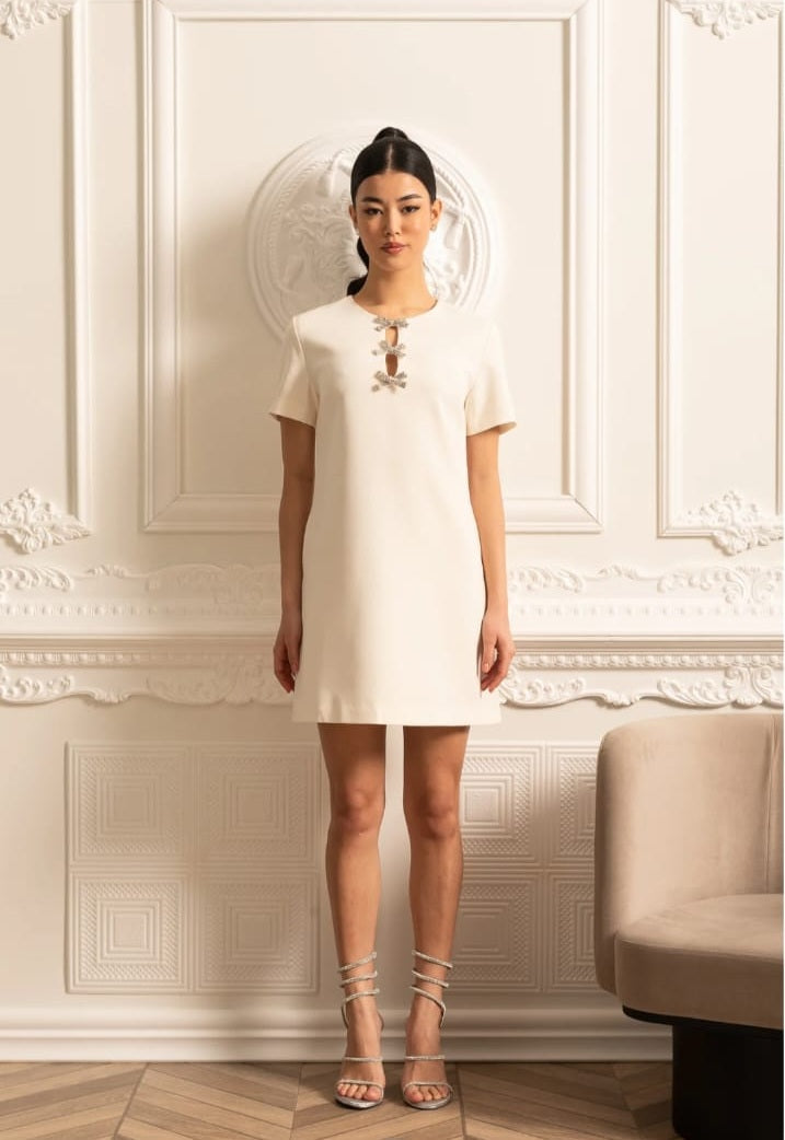 White Short Sleeved Mini Dress With Sparkling Neckline Bows