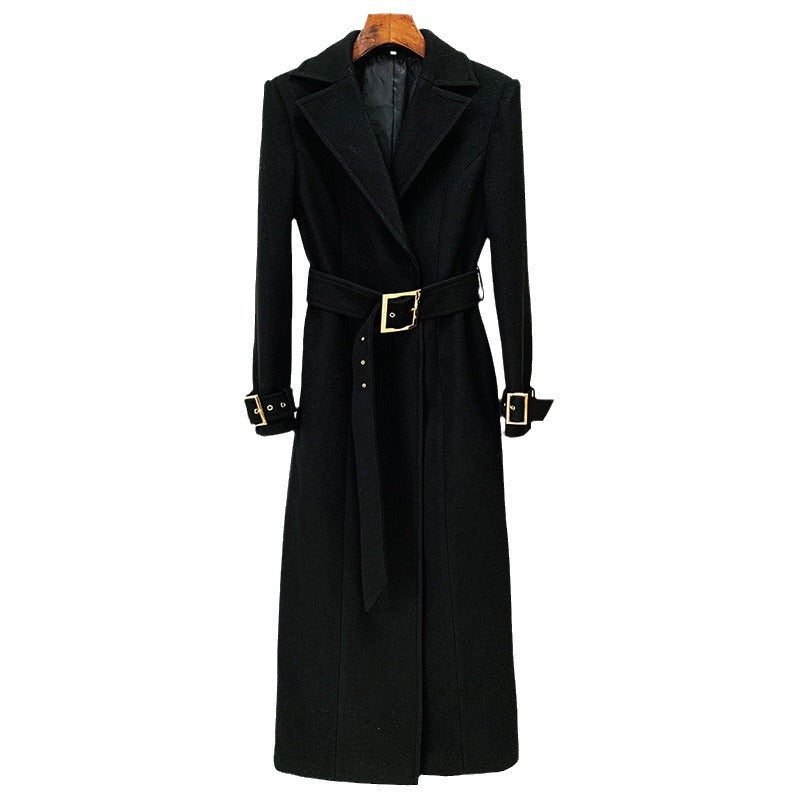 Simple belt elongated woolen coat