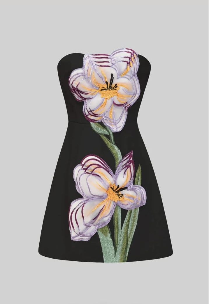 Strapless Short Dress with 3D Iris Floral Appliqué - Black