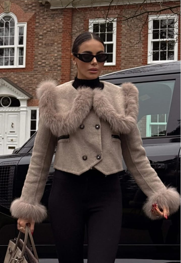 Double Breasted Cropped Jacket With Fur Collar Embellishment - Brown