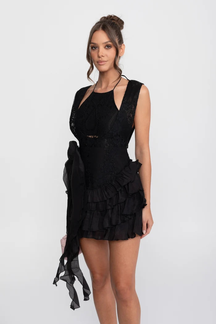 Lace Halter Rosette Mini Dress With Ruffle Skirt - Black