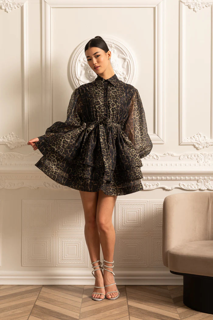 Leopard Pattern Long Sleeved Dress With Layered Skirt - Black