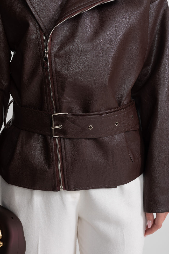 Belted Biker Jacket With Wide Lapels – Chocolate Brown