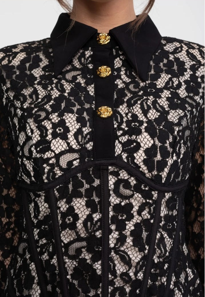 Long Sleeved Lace Mini Dress With Scallop Hem - Black
