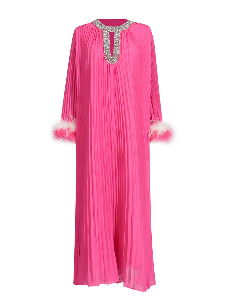 Ostrich Feather Patchwork Solid Color Dress