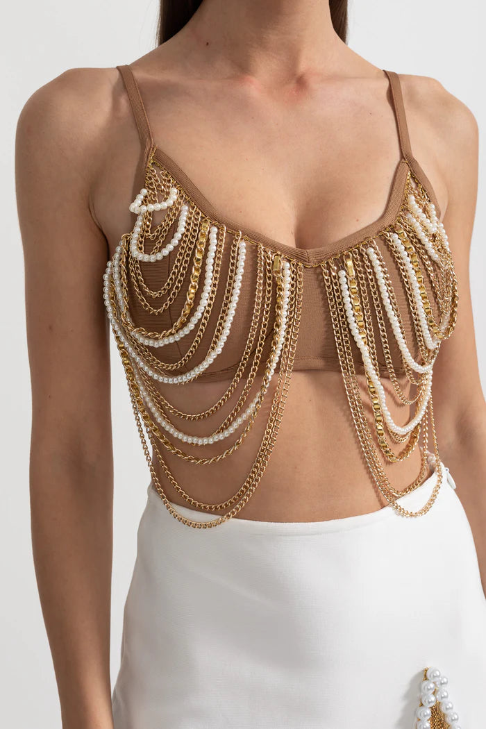 Pearls And Chains Embellished Set With Contrasting Top And Mini Skirt - Gold/White