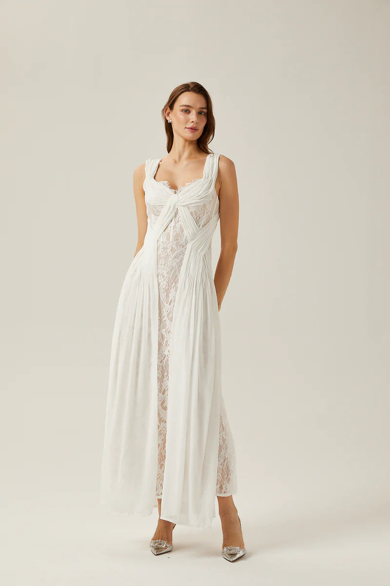 Robe maxi plissée en dentelle blanche Arantxa