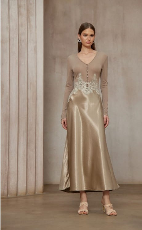 Szilvia Brown Knit Panel Satin Midi Dress