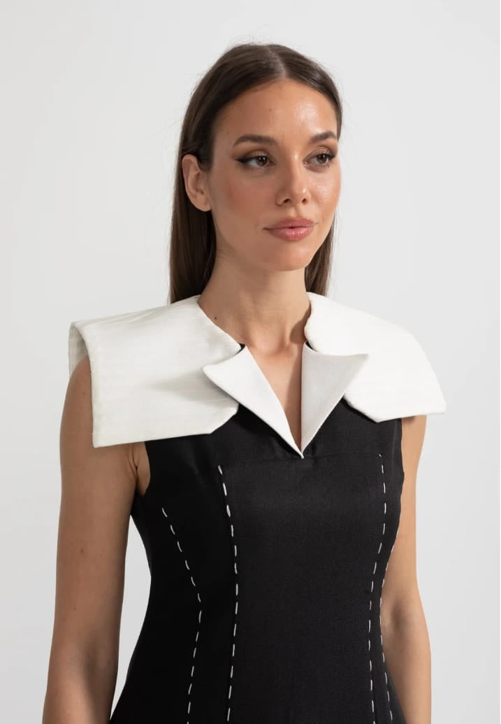 Contrasting Stitch Sleeveless Midi Dress With Oversized White Shoulders - Black