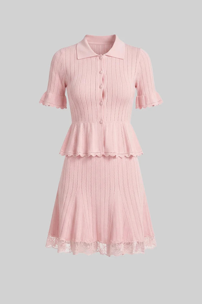 Peter-Pan Collar Knit Peplum Co-Ord set With Lace Hem - Pink