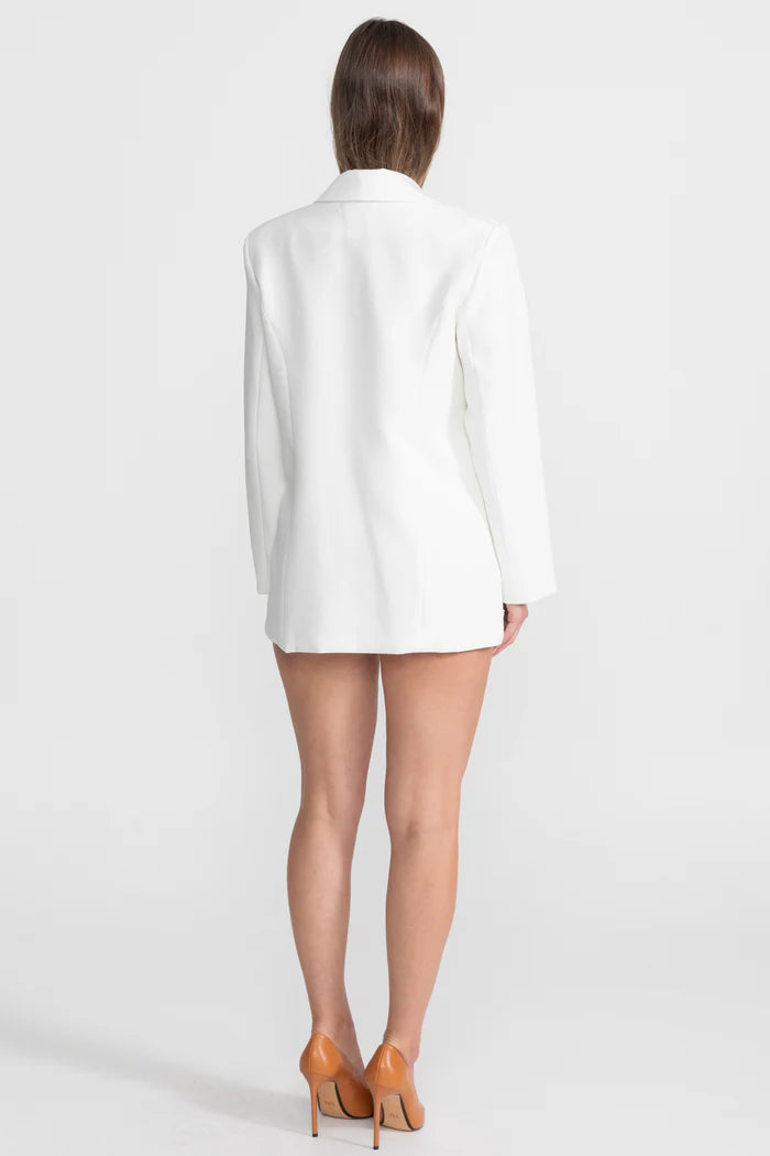 Crystal Brooch Blazer With Shawl Lapels – White