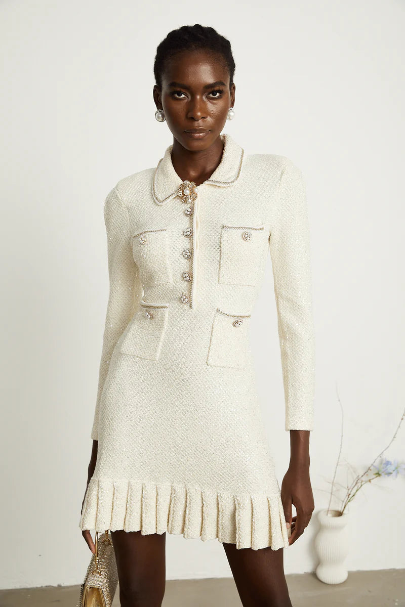 Aurélie blanc plié plissé en tweed mini robe