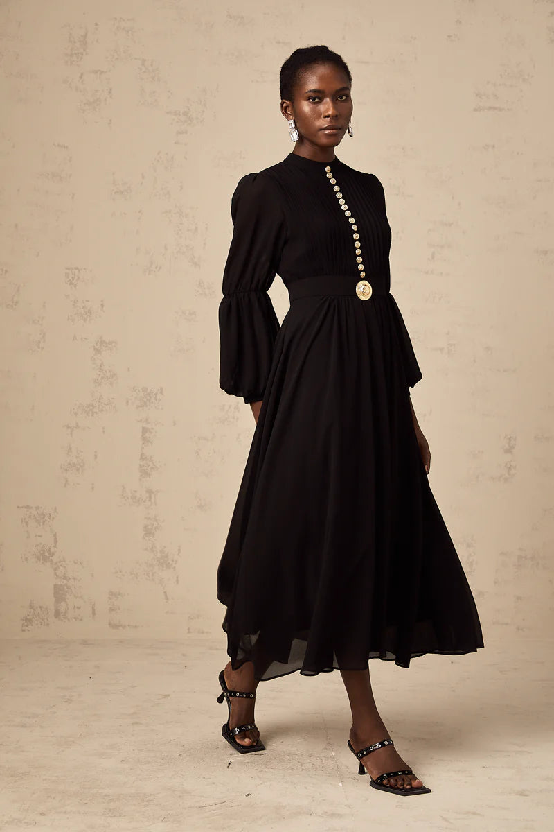 Viviane black pleated button-front midi dress