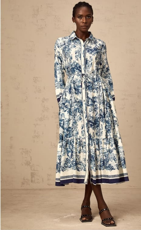 Adélaïde Graphic-Print Midi Kleid in Blau