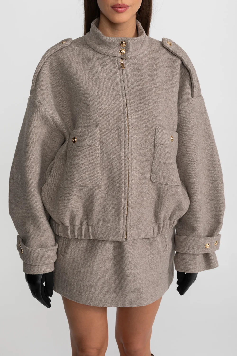 Structured Wool Bomber Jacket and Mini Skirt Co-Ord Set – Taupe