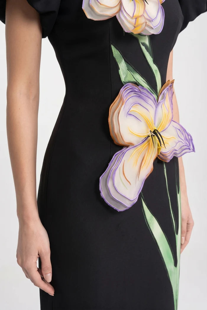 Structured Shoulder Maxi Dress With 3D Iris Floral Appliqué - Black