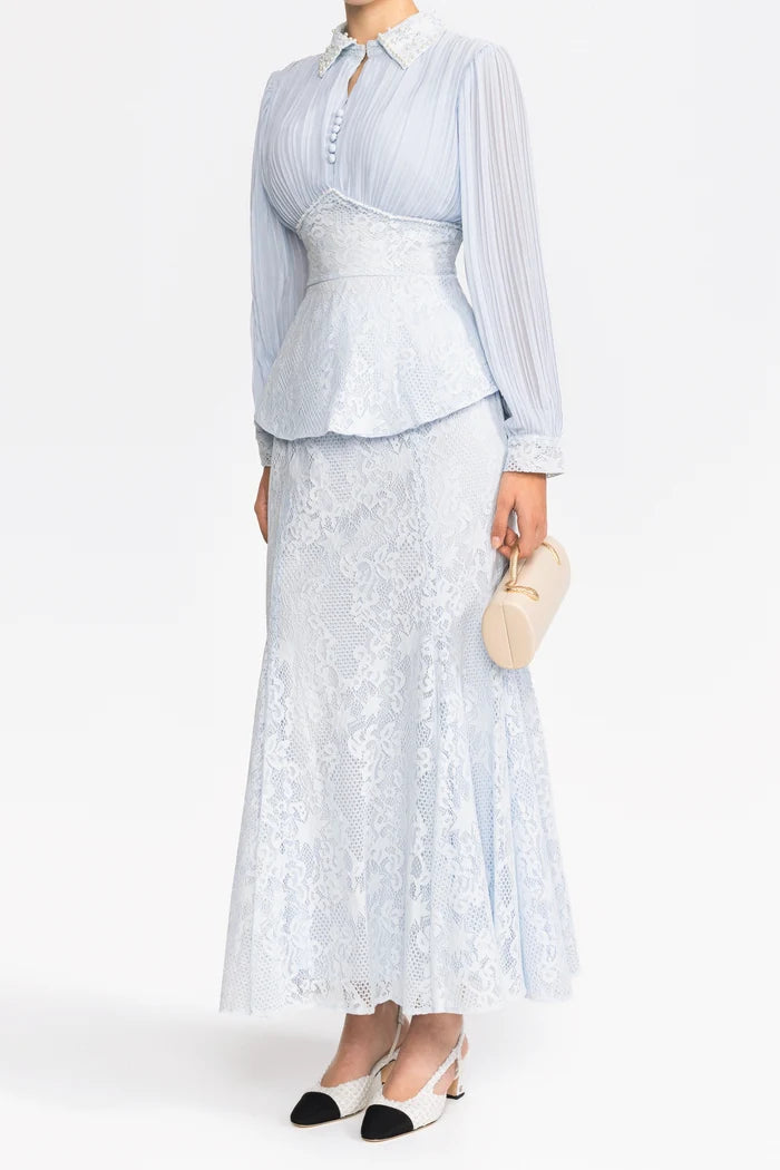 Pleated Chiffon Lace Peplum Blouse and Maxi Skirt Set - Light Blue