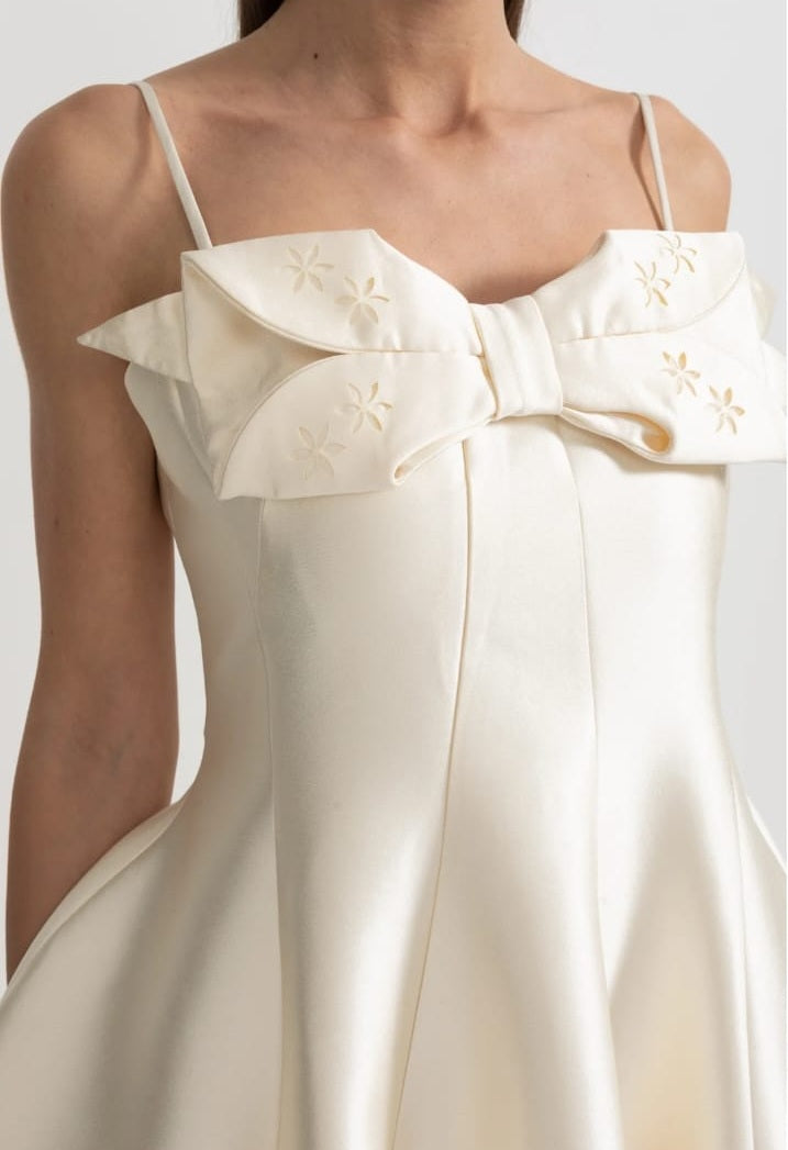 Midi Satin Dress With Fitted Bodice, Delicate Thin Straps And Bow Accent - Ivoire