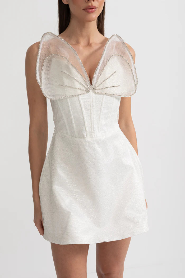 Fitted Mini Dress With Structured Bodice And Sheer Organza Accents - White