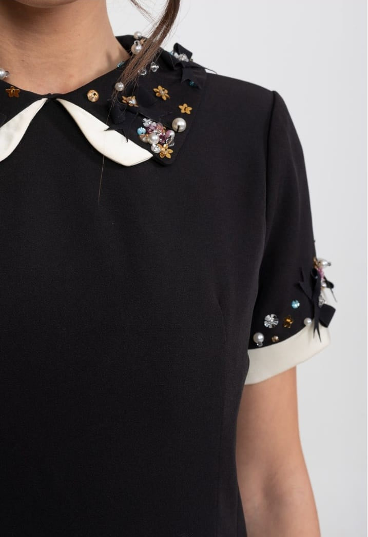Mini Dress With Crystal-Embellished Peter Pan Collar And Jewel Cuffs - Black