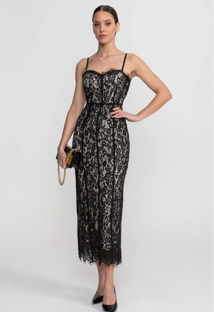 Lace Midi Dress With Sheer Corset Bodice - Black
