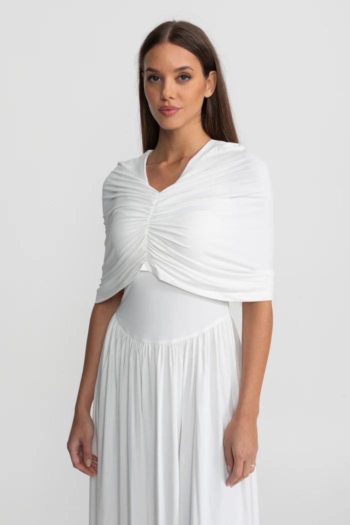 Gathered Jersey Maxi Dress with Cape Effect - White