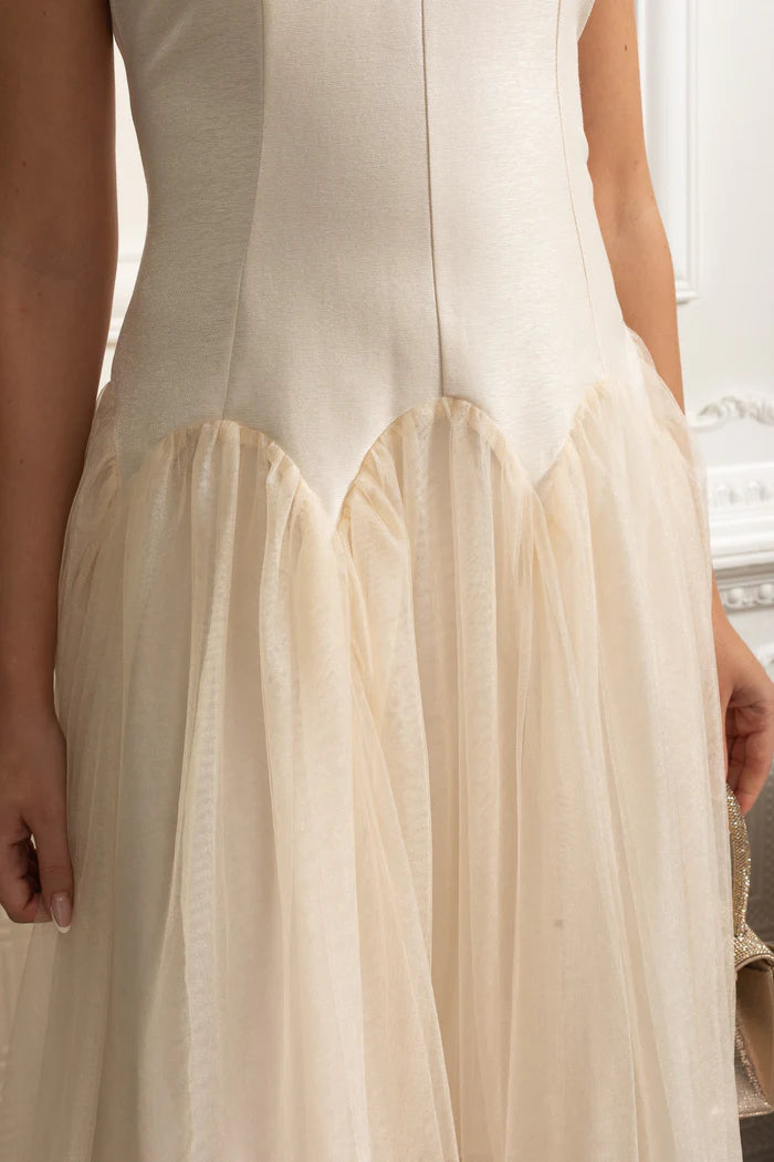 Sleeveless Midi Dress with Tulle Skirt and Pearl Embellished Collar - Ivoire
