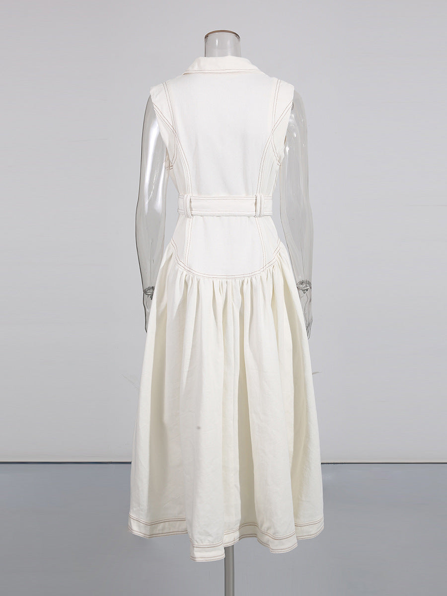 High-end lace-up solid color sleeveless long skirt