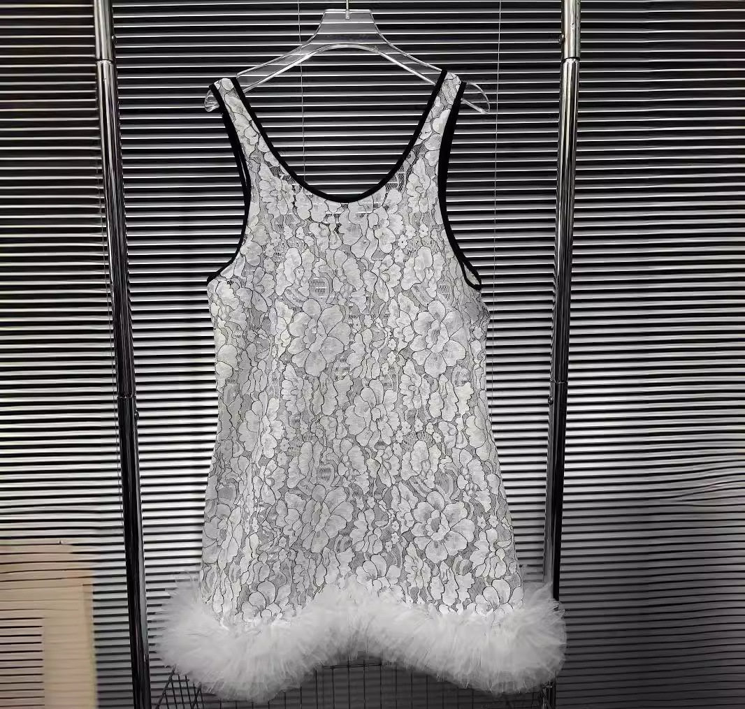 Lace flower cut-out sheer vest skirt