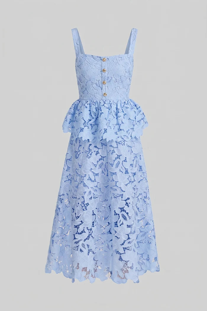 Sleeveless Lace Peplum Dress With Midi Skirt And Golden Buttons - Blue