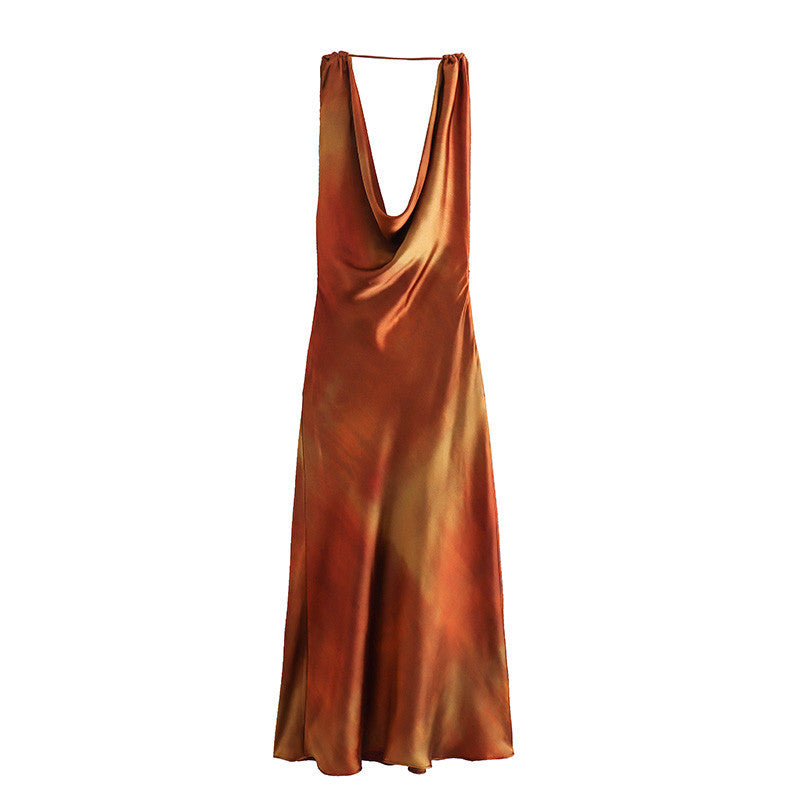 Draped collar silk satin texture printed dress