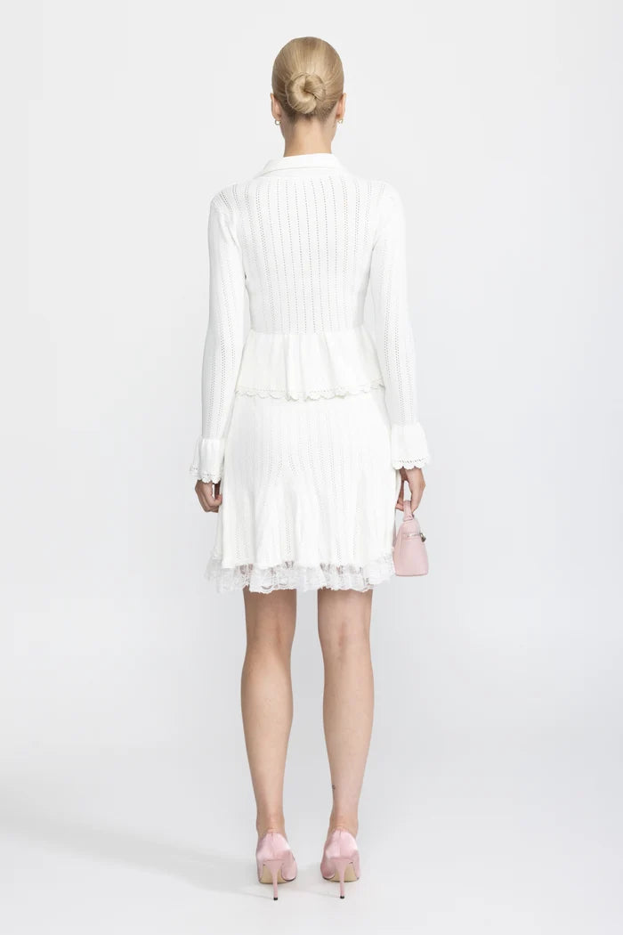 Pointelle Knit Peplum Cardigan and Lace Hem Skirt Co-ord Set - White